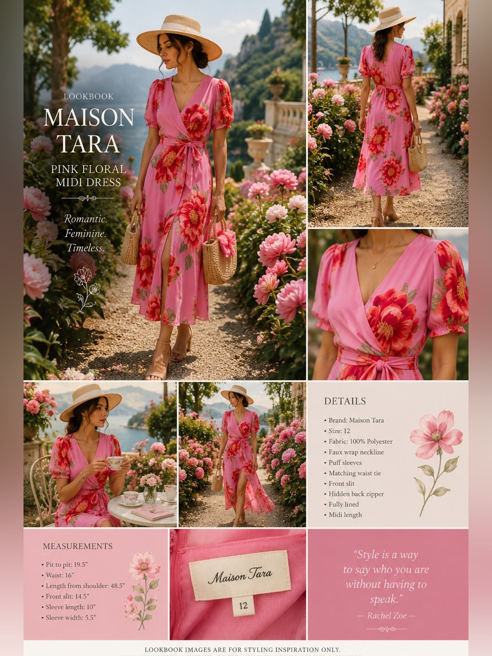 Maison Tara Pink Floral Midi Dress Size 12 Belted Wedding Guest
